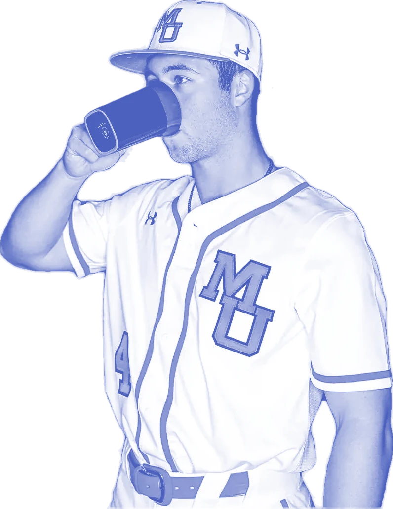 Carter in a baseball uniform, drinking coffee